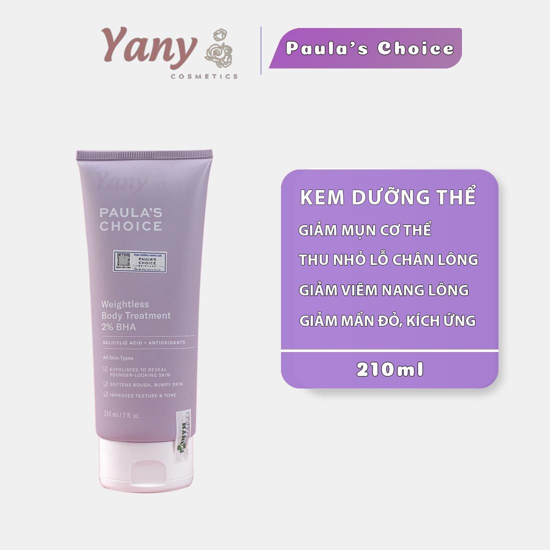 Kem Dưỡng Thể Paula's Choice Weightless Body Treatment 2% BHA 210ml,  Tẩy Tế Bào Chết Body