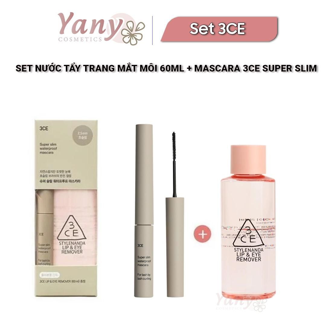 Set Nước Tẩy Trang Mắt Môi 3CE Lip & Eye Remover 60ml + Mascara 3CE Super Slim Waterproof, Yany Cosmetics