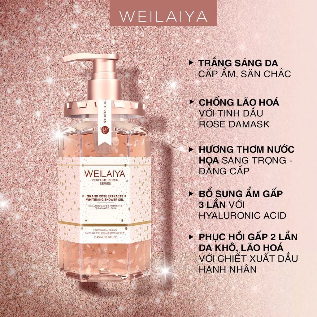 Sữa tắm trắng da cánh hoa hồng Damask Weilaiya Grand Rose Extracts Whitening Shower Gel 450ml-Yany Cosmetics