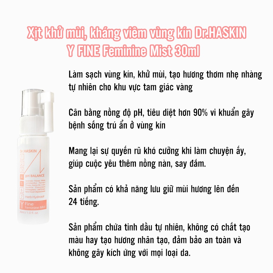 Xịt khử mùi, kháng viêm vùng kín Dr.HASKIN Y FINE Feminine Mist 30ml