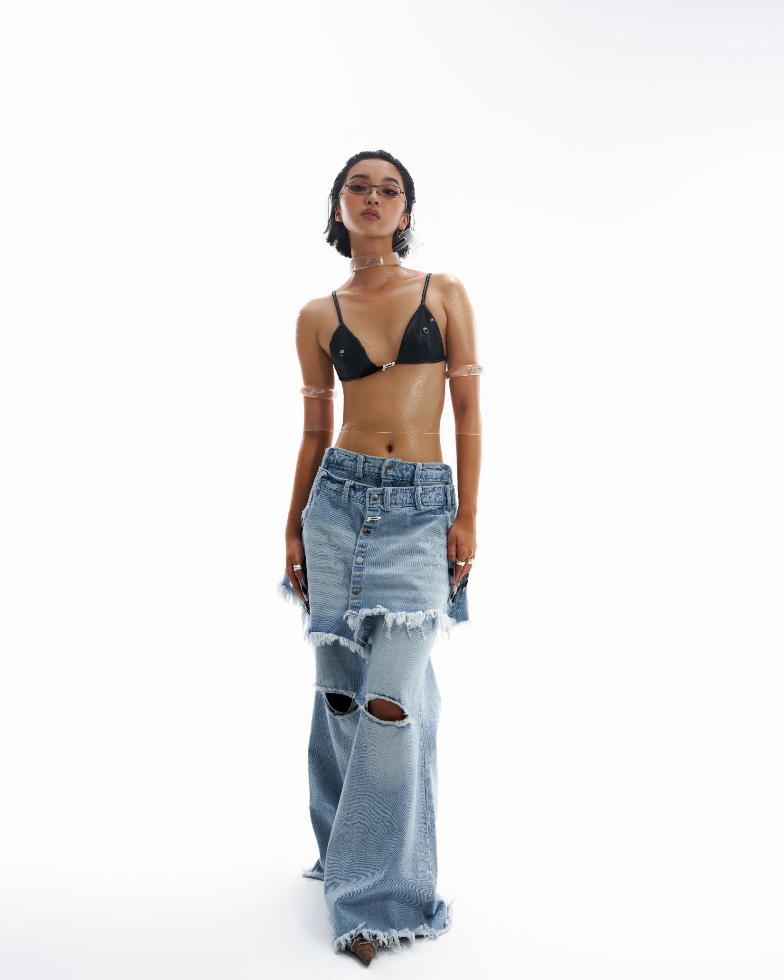 P Washed Denim Skirt Layered Jean in Blue