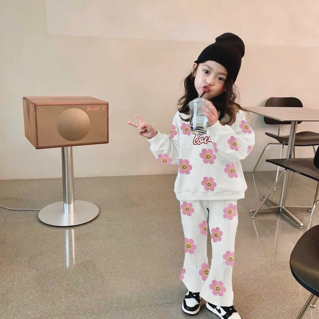 Bộ nỉ áo be quần be in hoa tràn