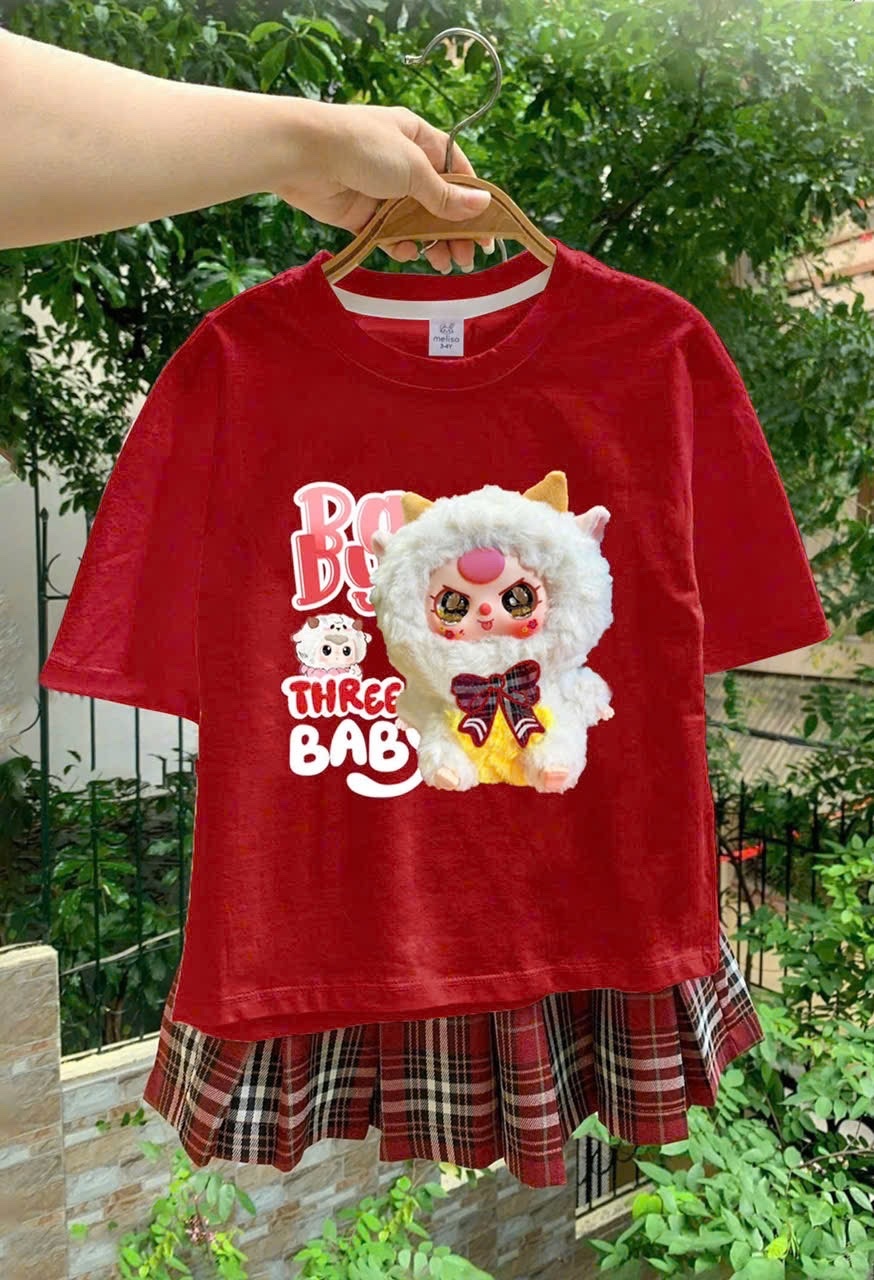Bộ áo đỏ babythree chân váy kẻ đỏ bé gái