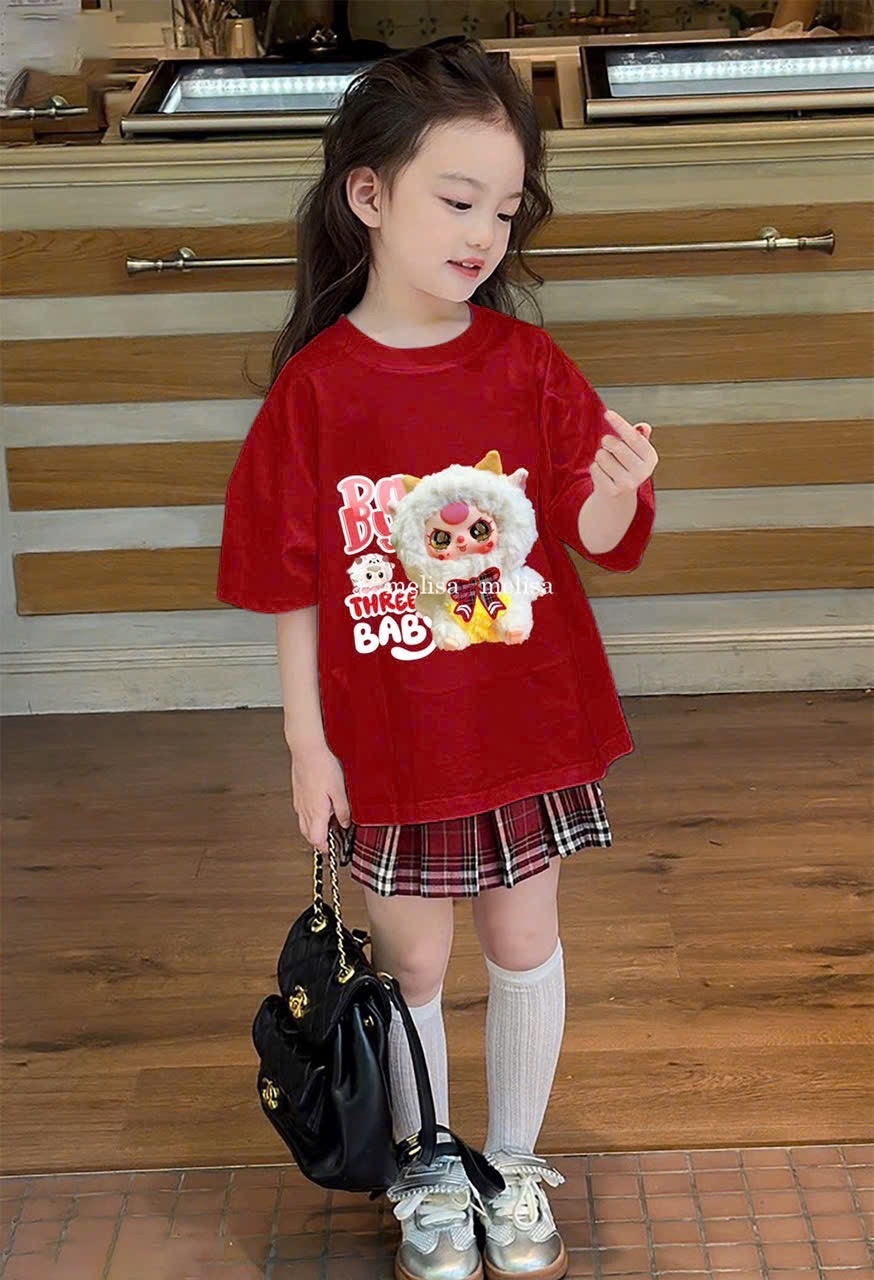 Bộ áo đỏ babythree chân váy kẻ đỏ bé gái