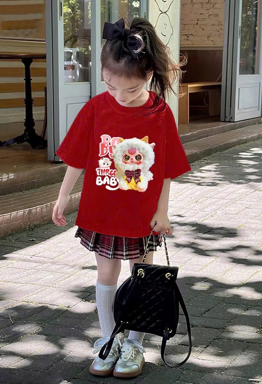 Bộ áo đỏ babythree chân váy kẻ đỏ bé gái