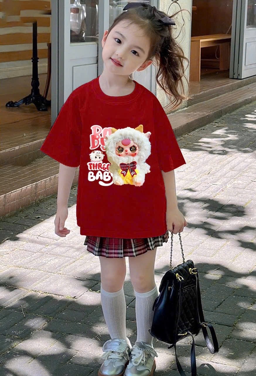 Bộ áo đỏ babythree chân váy kẻ đỏ bé gái