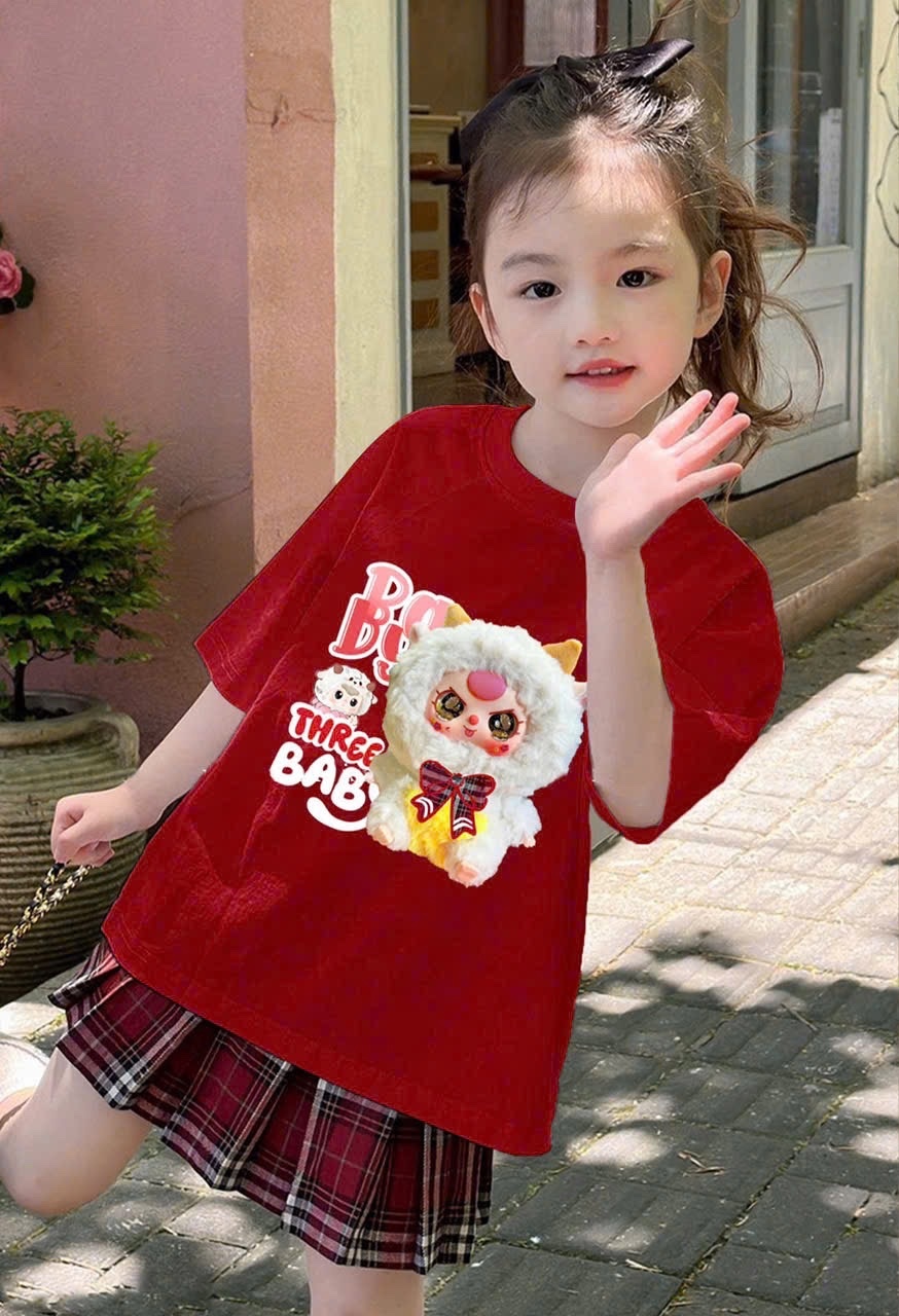 Bộ áo đỏ babythree chân váy kẻ đỏ bé gái