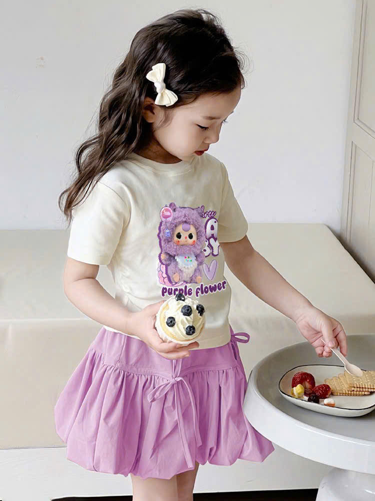 Bộ baby three áo trắng purple flower chân váy bí ngô tím bé gái