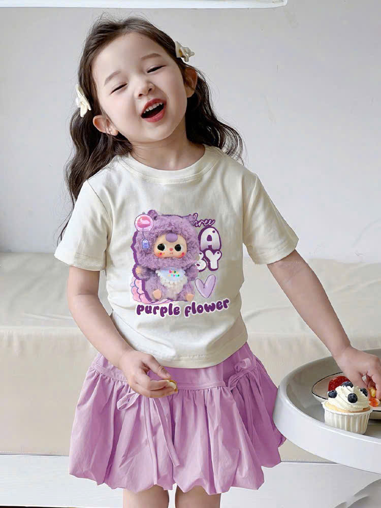 Bộ baby three áo trắng purple flower chân váy bí ngô tím bé gái