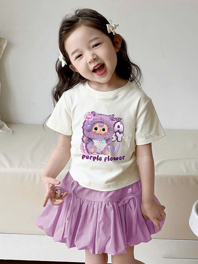 Bộ baby three áo trắng purple flower chân váy bí ngô tím bé gái