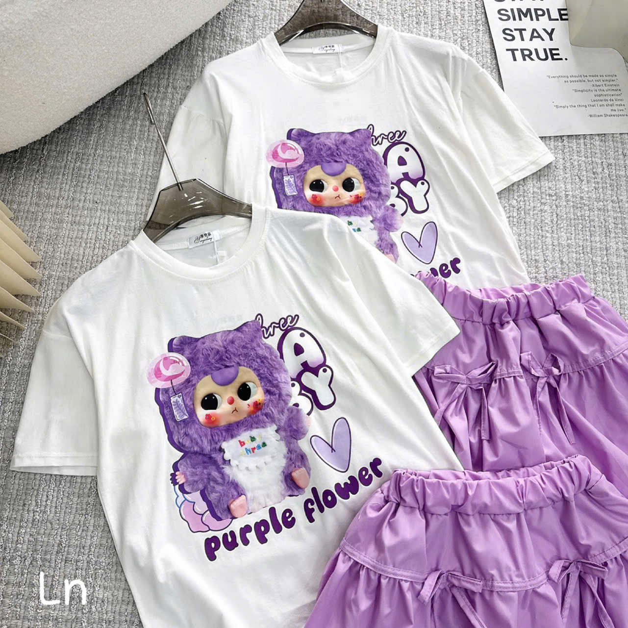 Bộ baby three áo trắng purple flower chân váy bí ngô tím bé gái