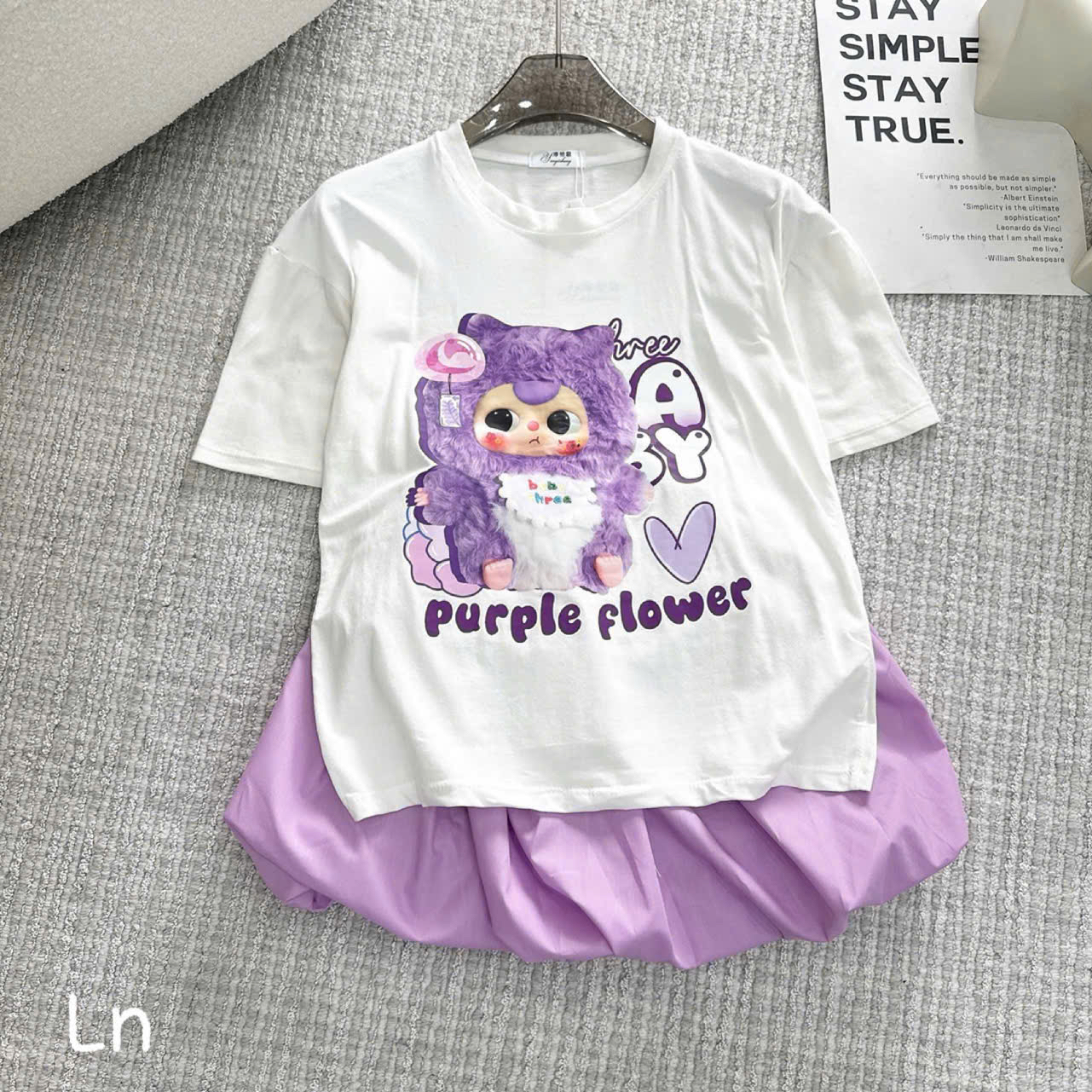 Bộ baby three áo trắng purple flower chân váy bí ngô tím bé gái