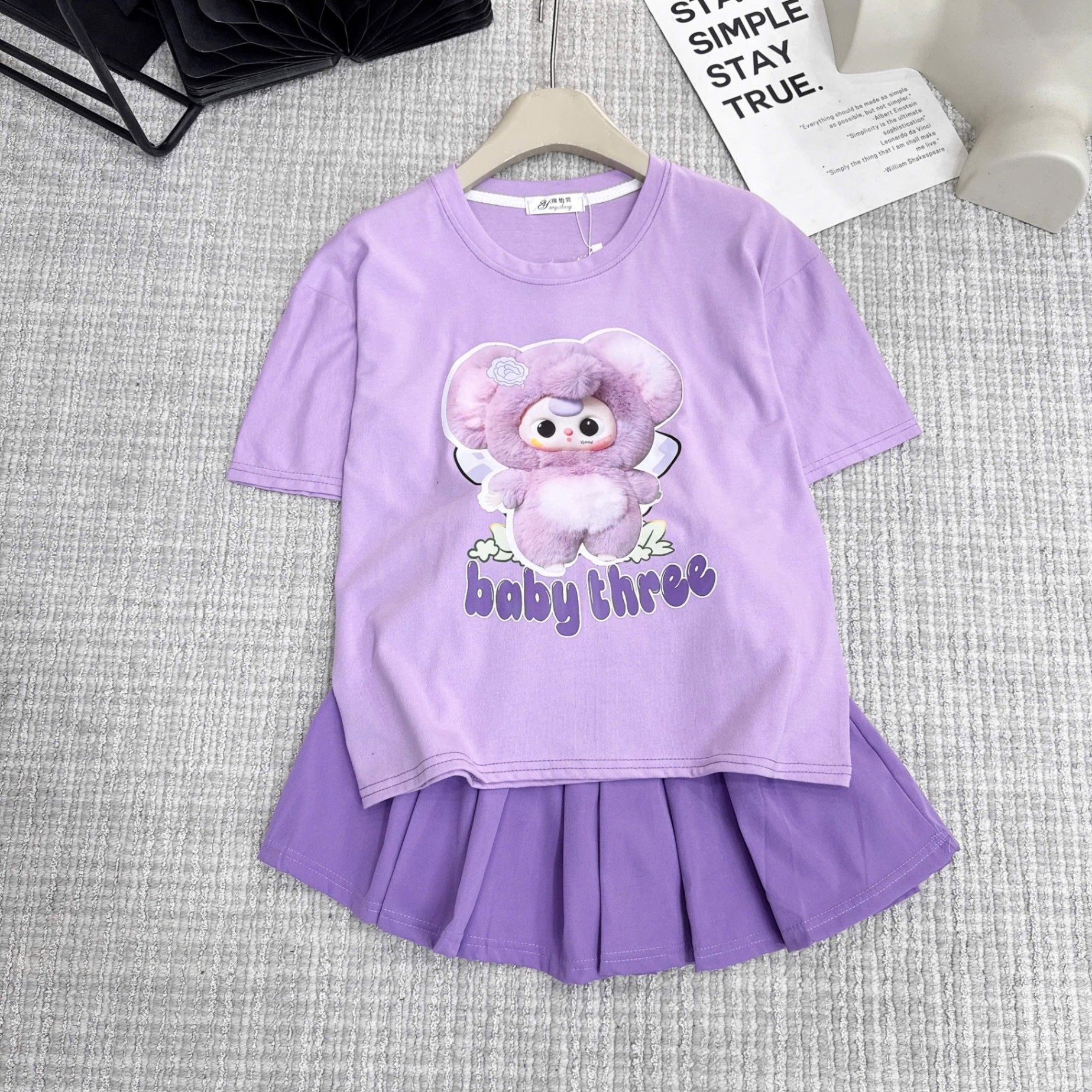 Bộ babythree áo tím chân váy xếp li tím bé gái