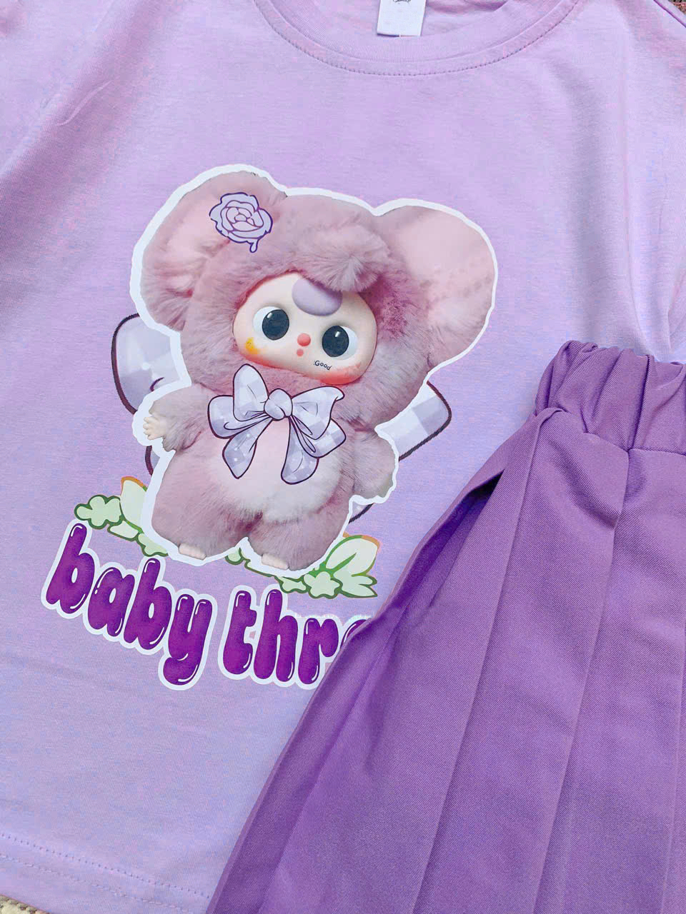 Bộ babythree áo tím chân váy xếp li tím bé gái