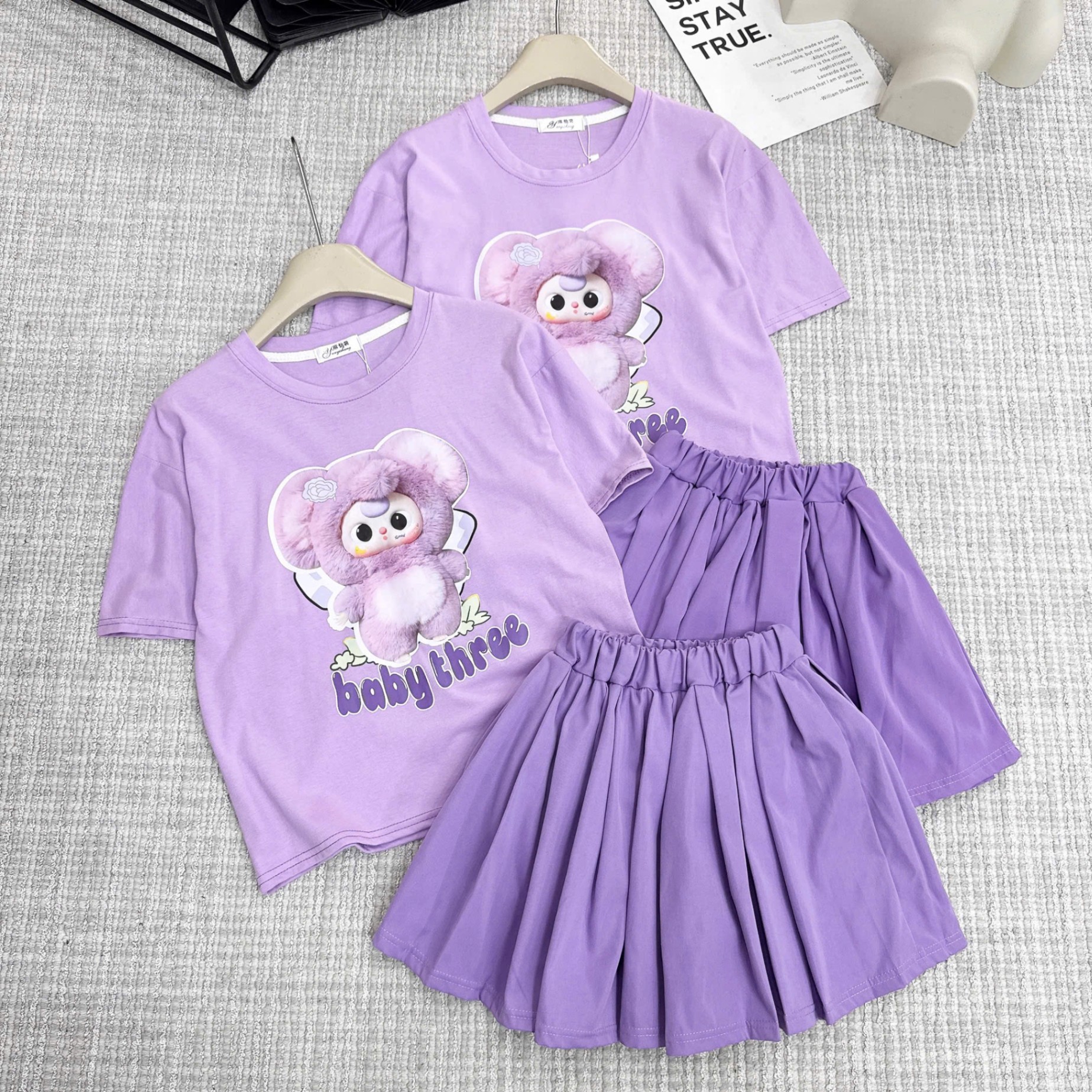 Bộ babythree áo tím chân váy xếp li tím bé gái