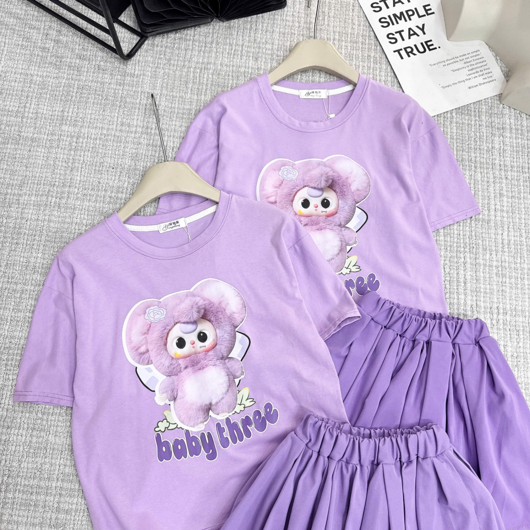 Bộ babythree áo tím chân váy xếp li tím bé gái