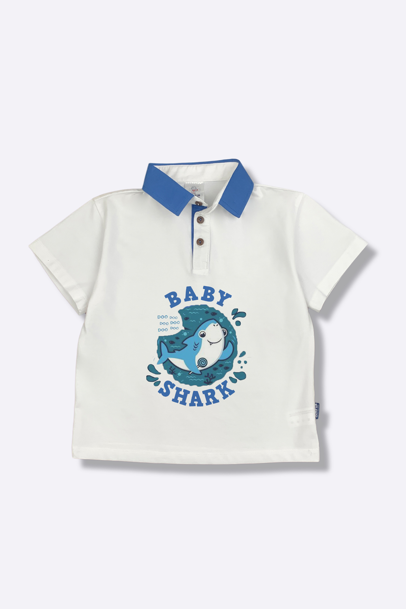 A50-Áo polo trắng cổ xanh Baby Shark