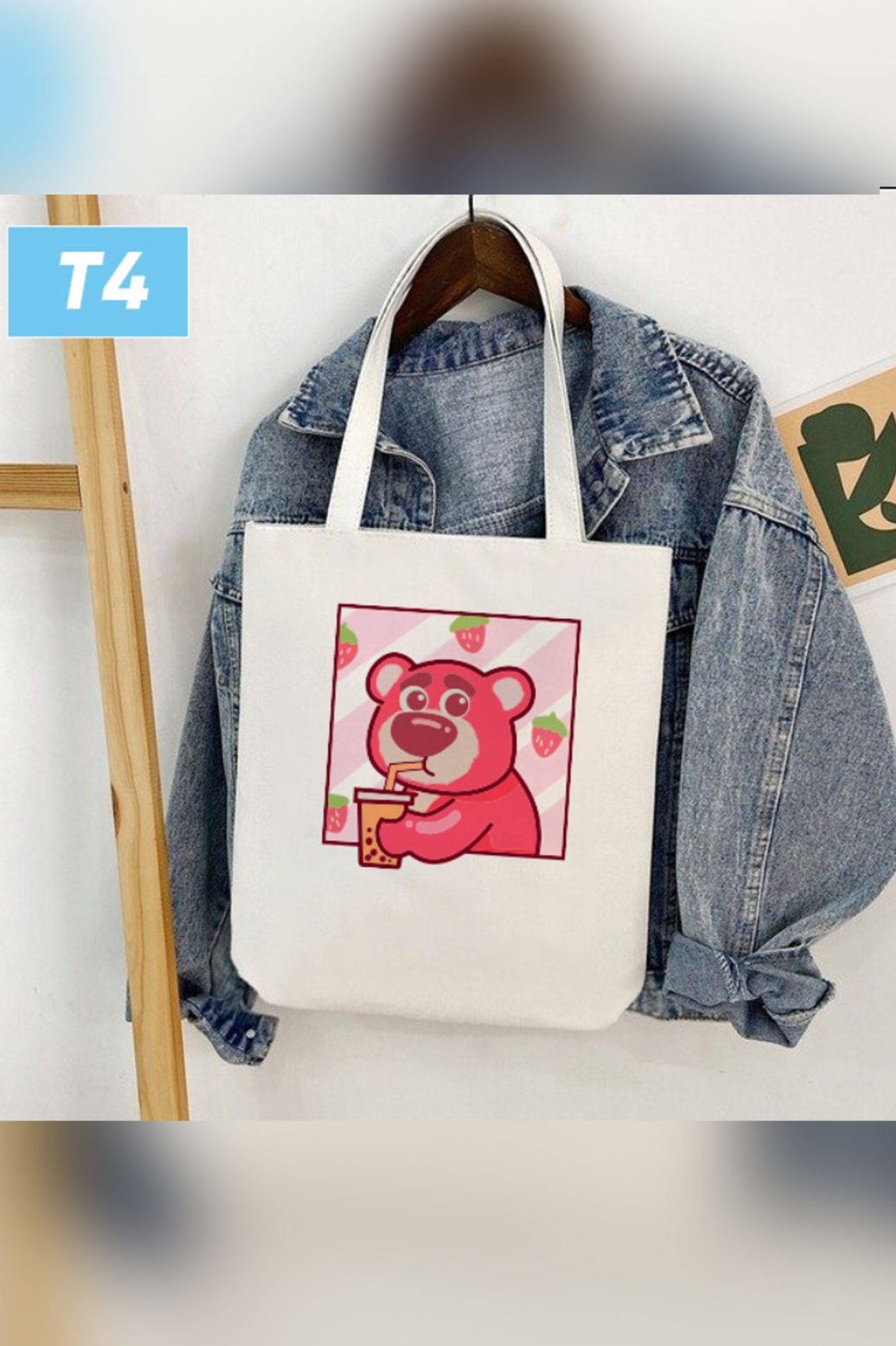 T4- Túi Canvas cho bé in họa tiết chú gấu dâu Lotso