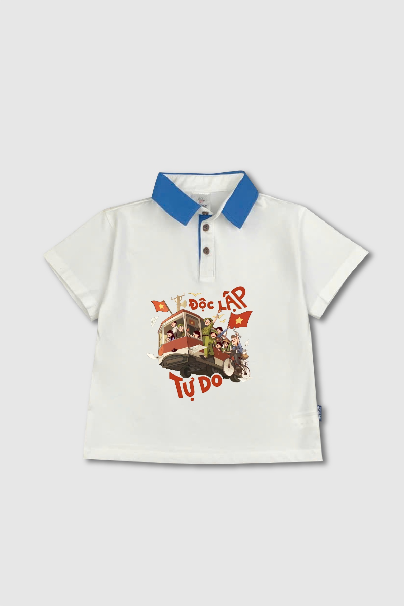 Áo polo trắng cổ xanh in hình Độc Lập - Tự Do