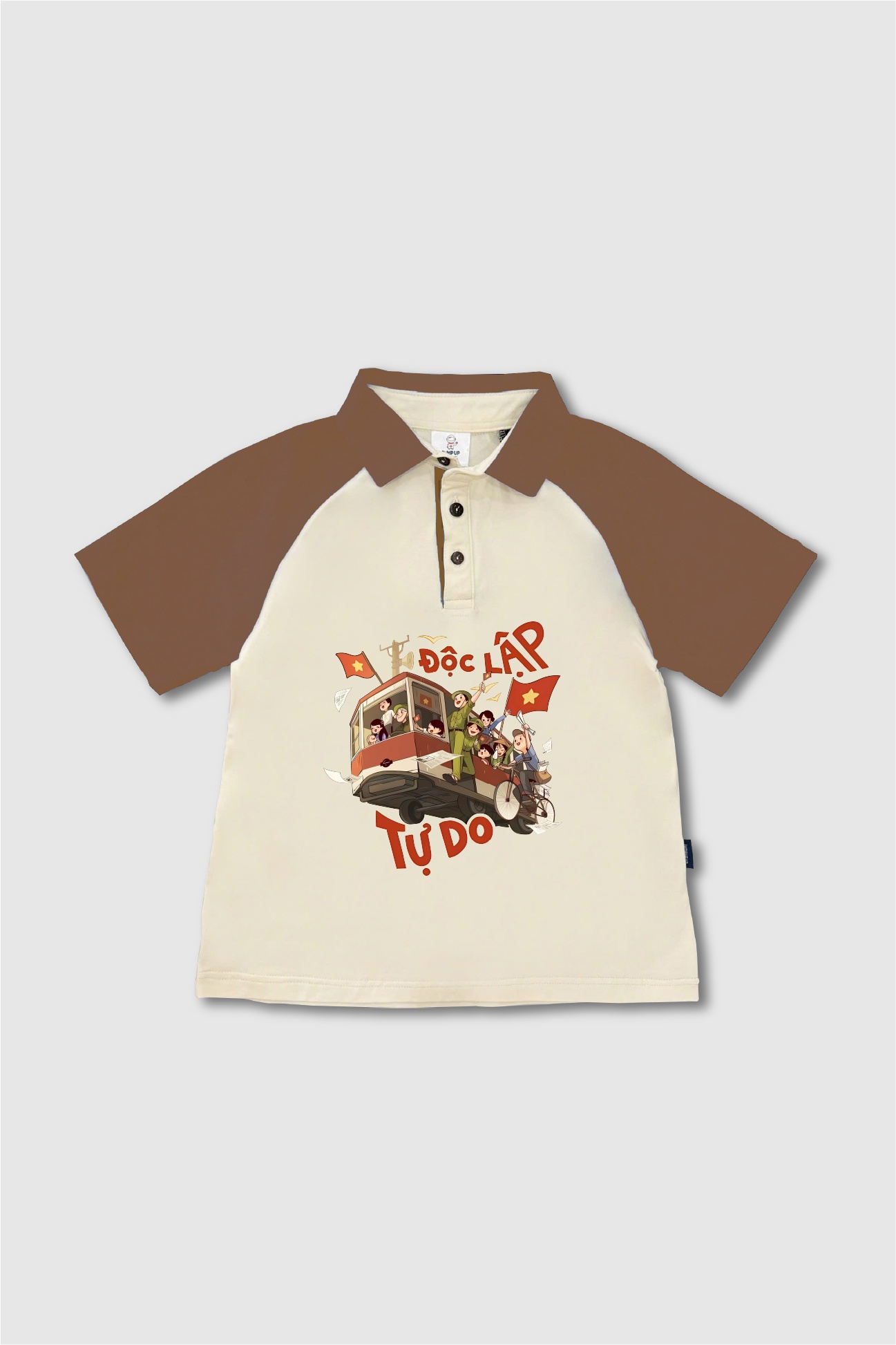Áo polo be mix cổ và tay áo nâu in hình Độc lập - Tự do