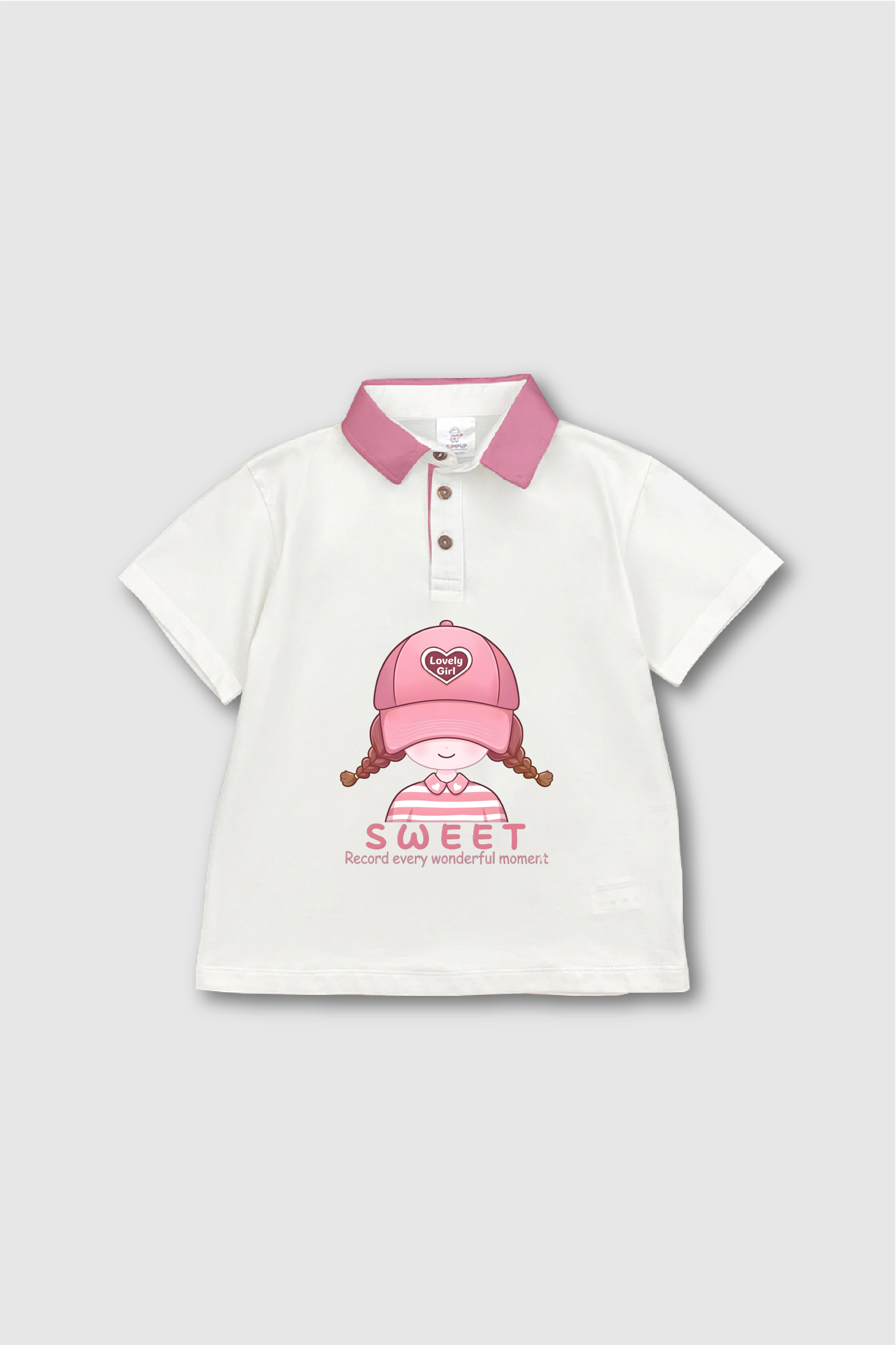 A78-Áo Polo trắng cổ hồng in hình cho bé gái