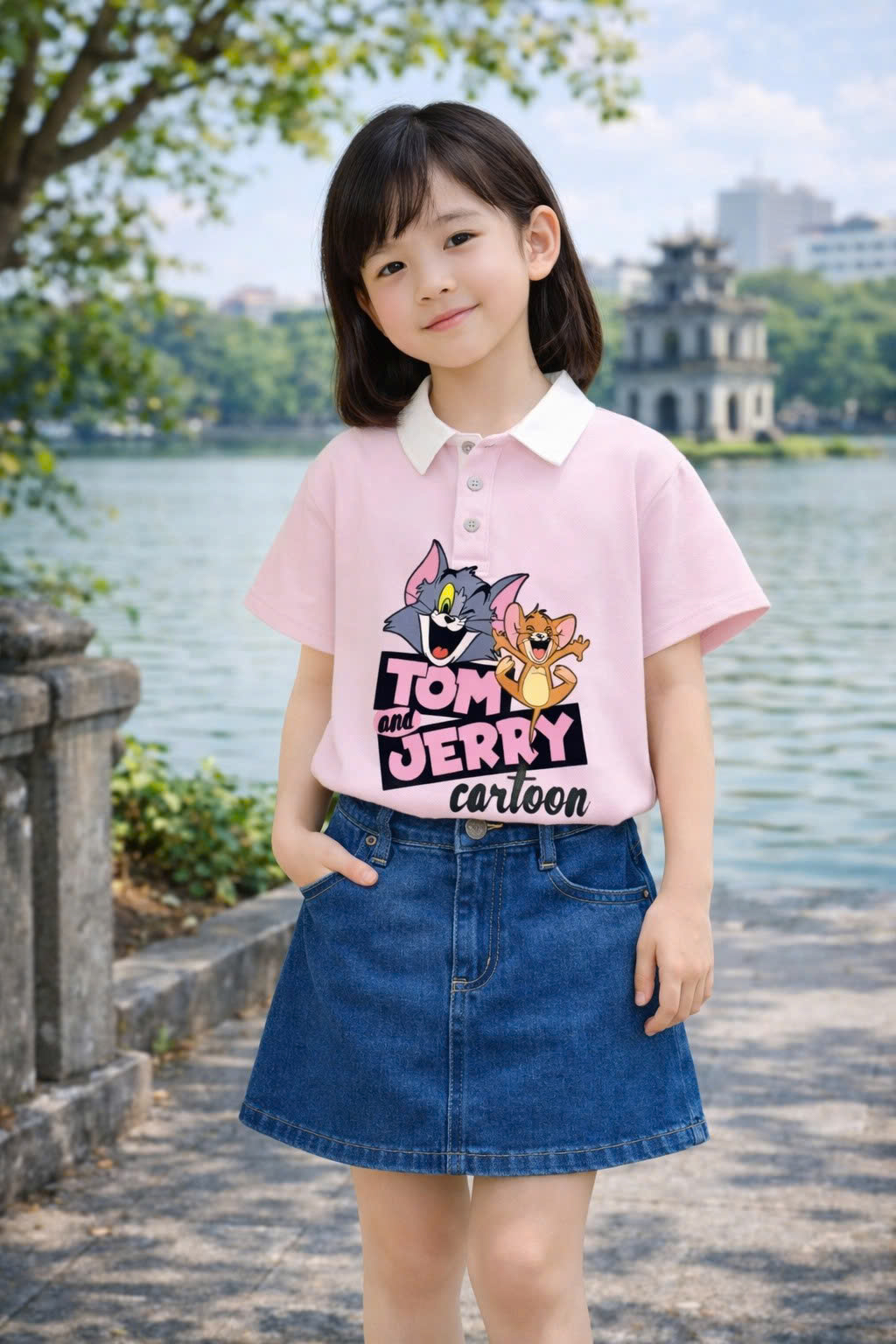 Áo polo hồng phấn Tom and Jerry
