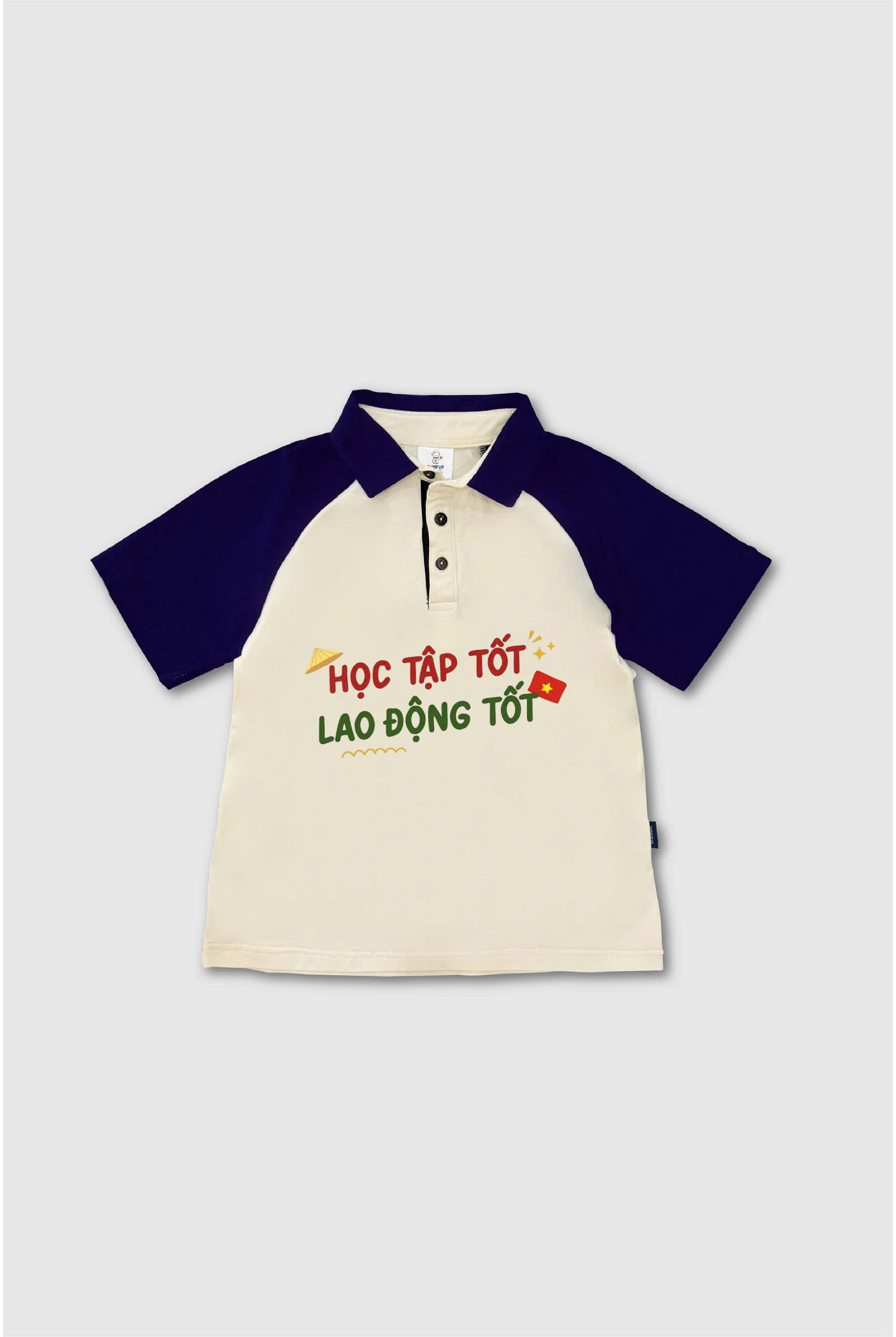 Áo polo màu be phối tay xanh than