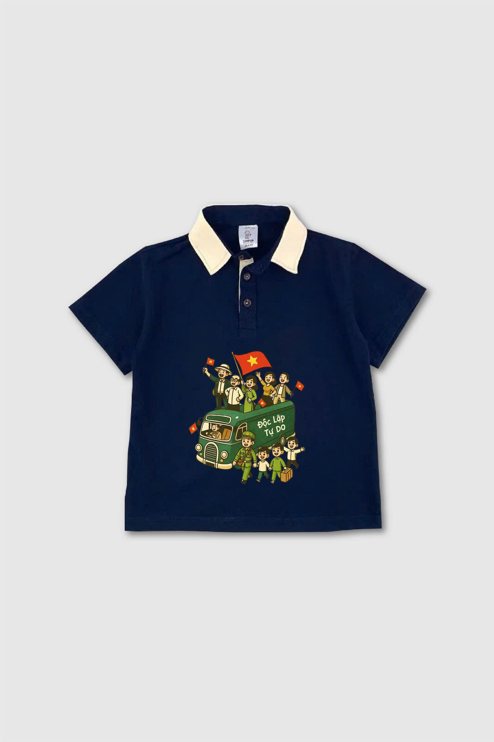 Áo polo xanh than phối cổ be hình in Việt Nam độc lập tự do