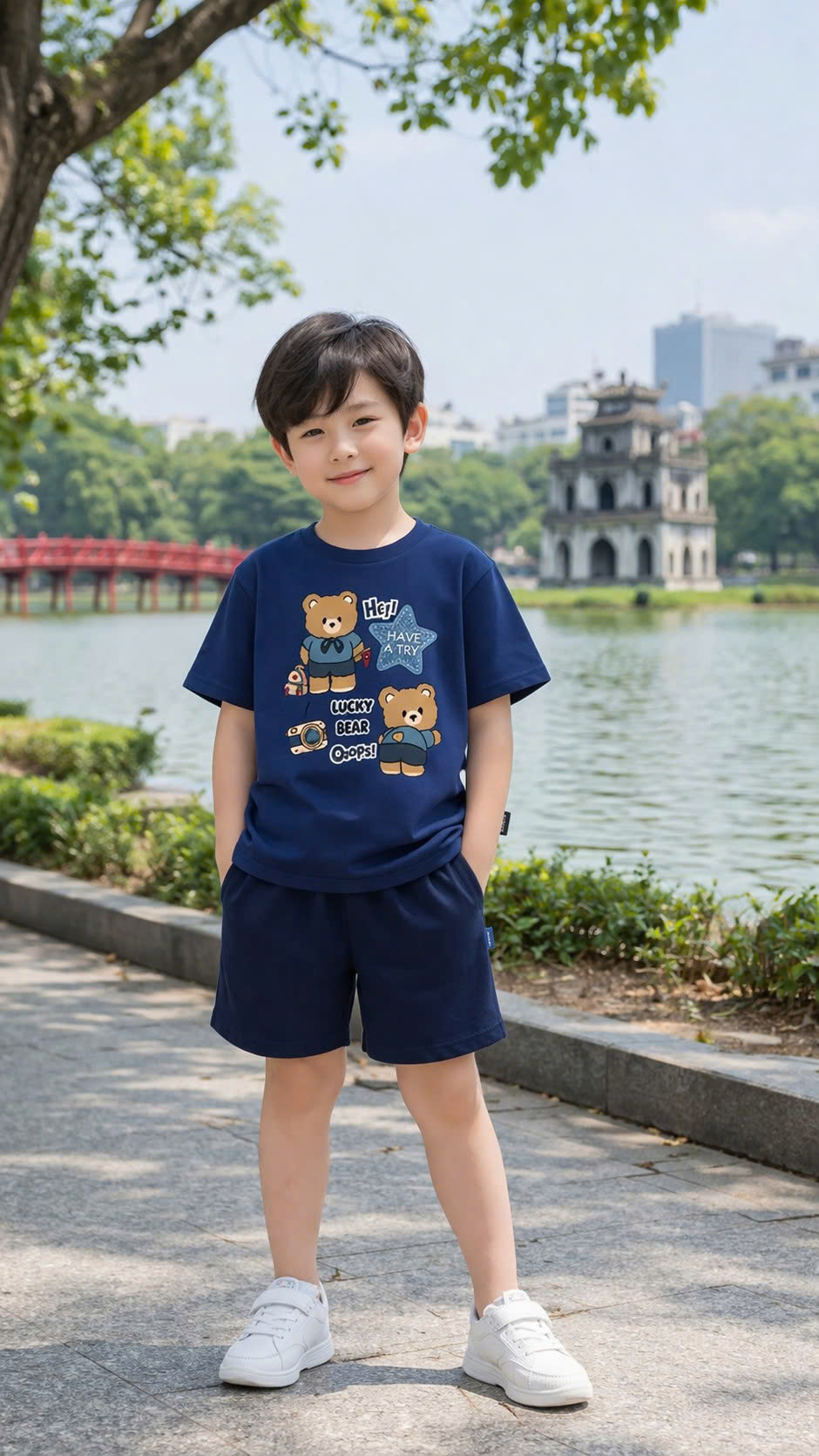B17- Bộ áo cổ tròn và quần xanh than cho bé