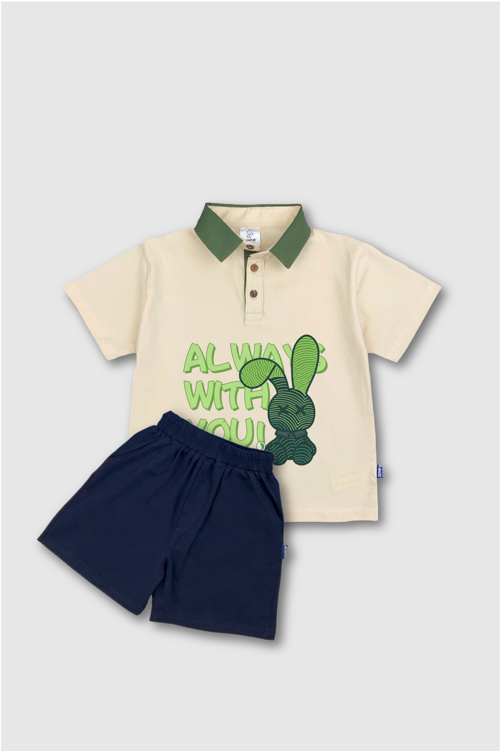 B45- Bộ áo polo be cổ xanh bộ đội và quần xanh cho bé