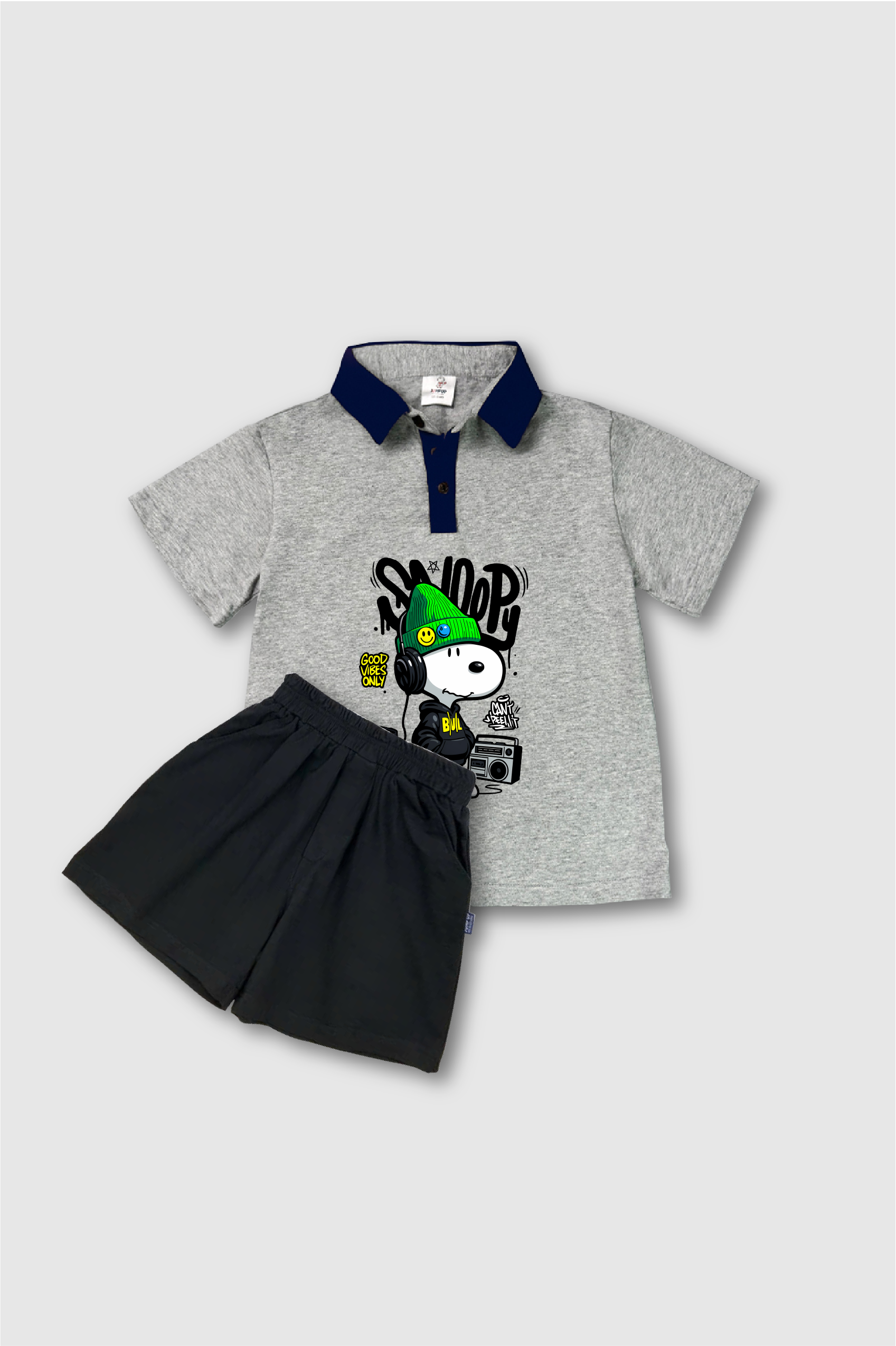 B5-Bộ Áo Polo Xám Cổ Than và Quần Đen