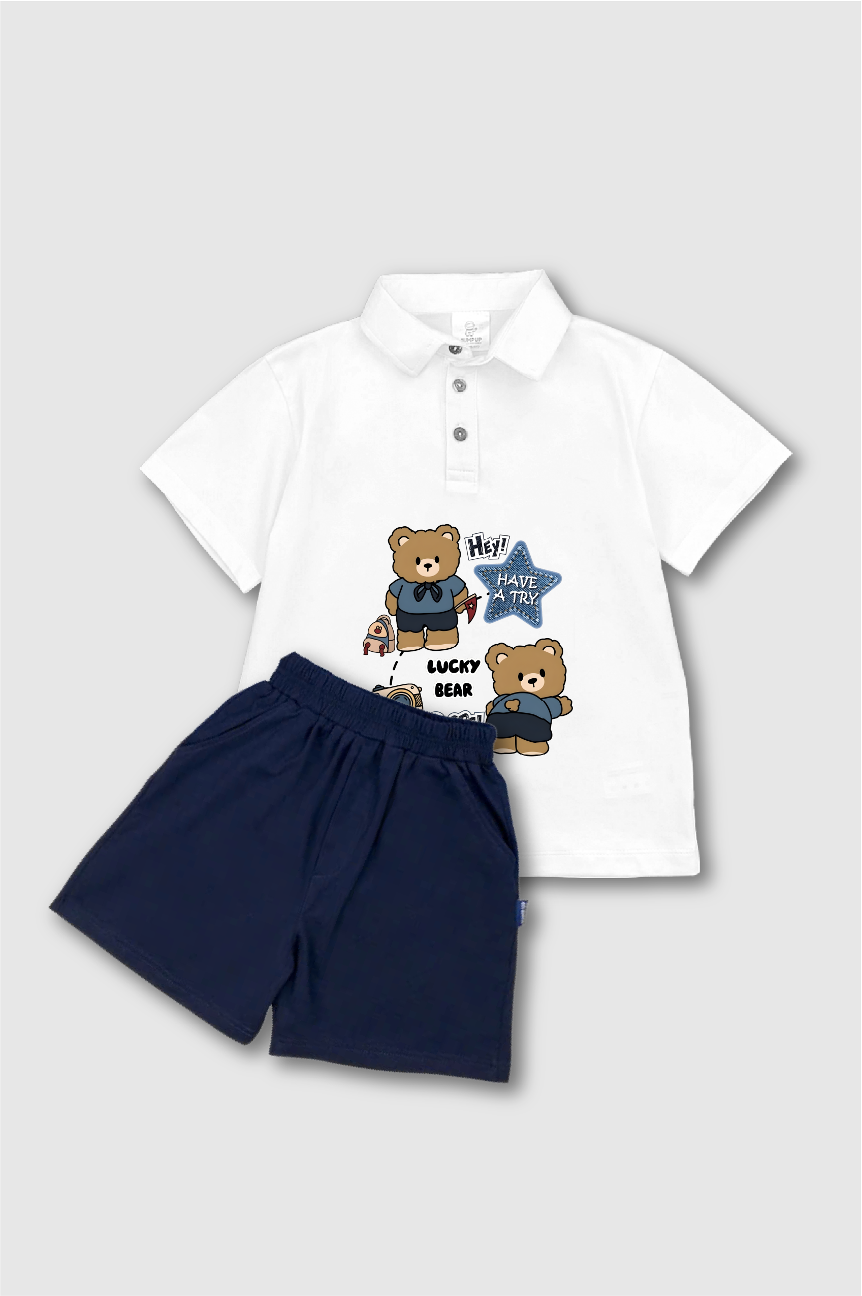 B50-Bộ áo polo trắng và quần xanh cho bé