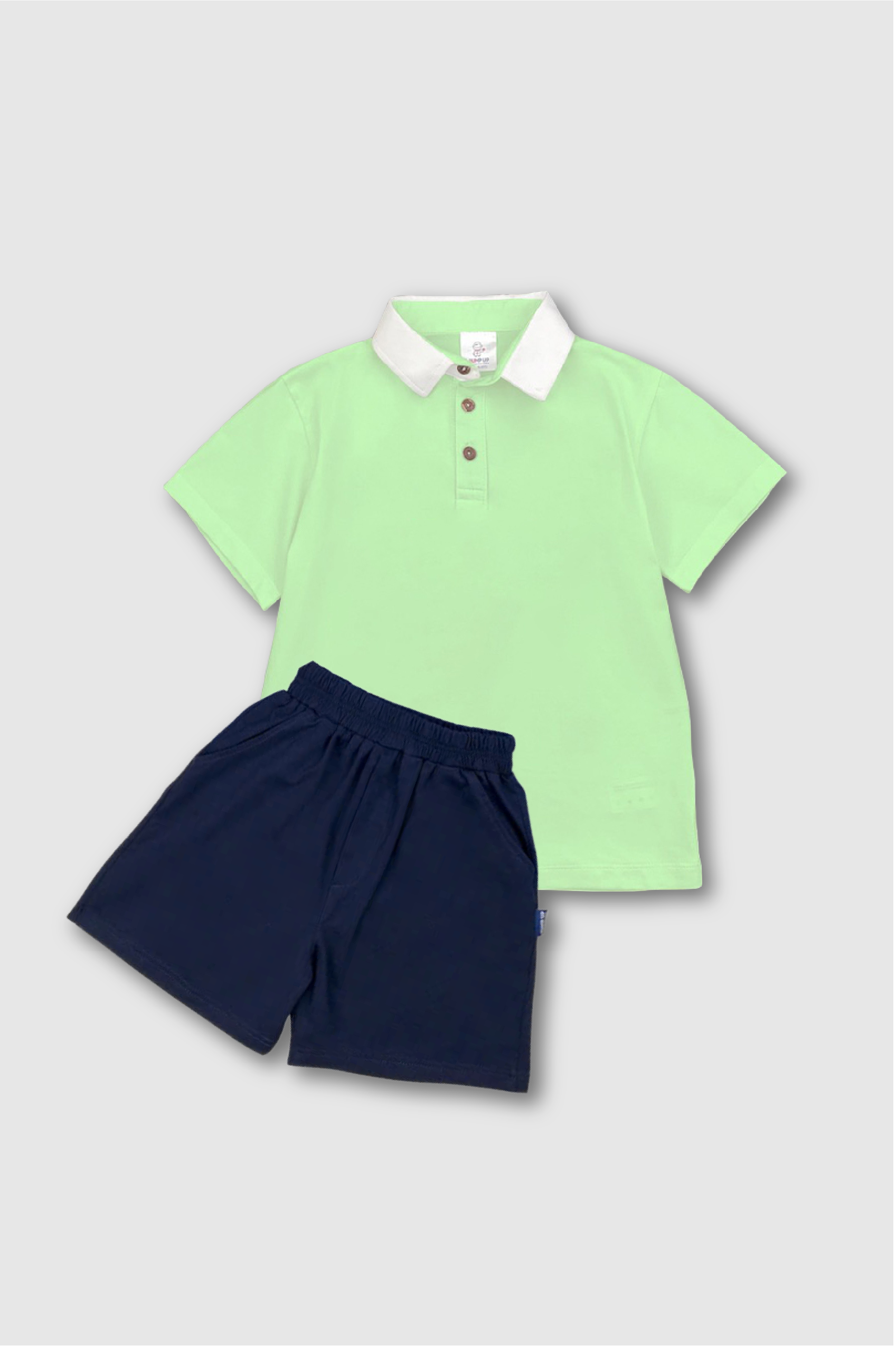 B75- Bộ áo polo xanh mint cổ trắng và quần xanh cho bé