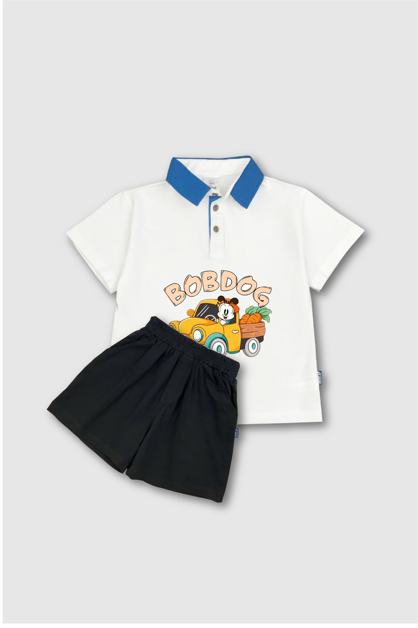 B77-Bộ Áo Polo Trắng Cổ Xanh Dương Và Quần Đen