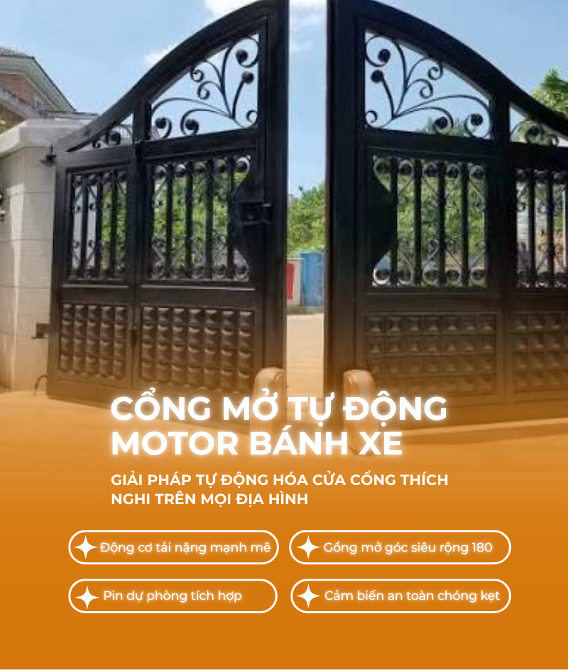 Cổng Tự Động Motor Bánh Xe | Vận Hành Linh Hoạt Trên Mặt Bằng Nghiêng, Gồ Ghề
