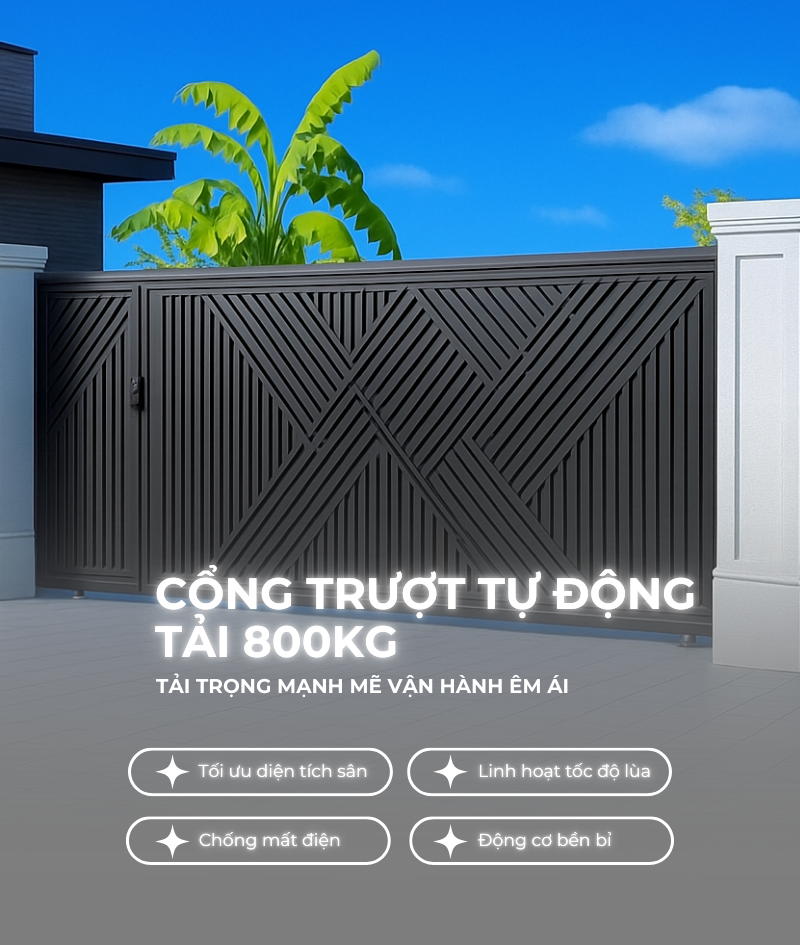 Cổng lùa trượt ngang tự động tải 800kg vận hành êm ái