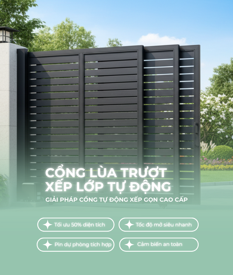 Cổng lùa trượt xếp lớp tự động tối ưu 50% diện tích mở cổng
