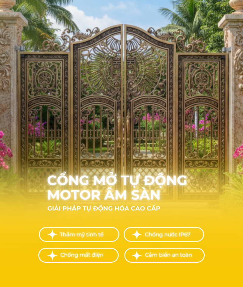 Cổng mở cánh tự động motor âm sàn thẩm mỹ công nghệ chống ngập nước IP67