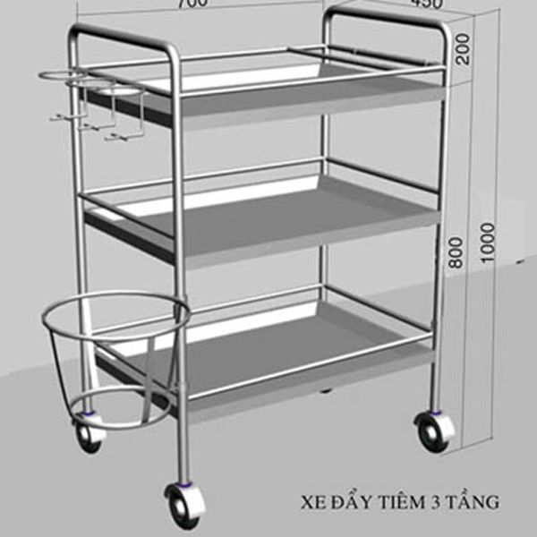 Xe đẩy tiêm 3 tầng Inox