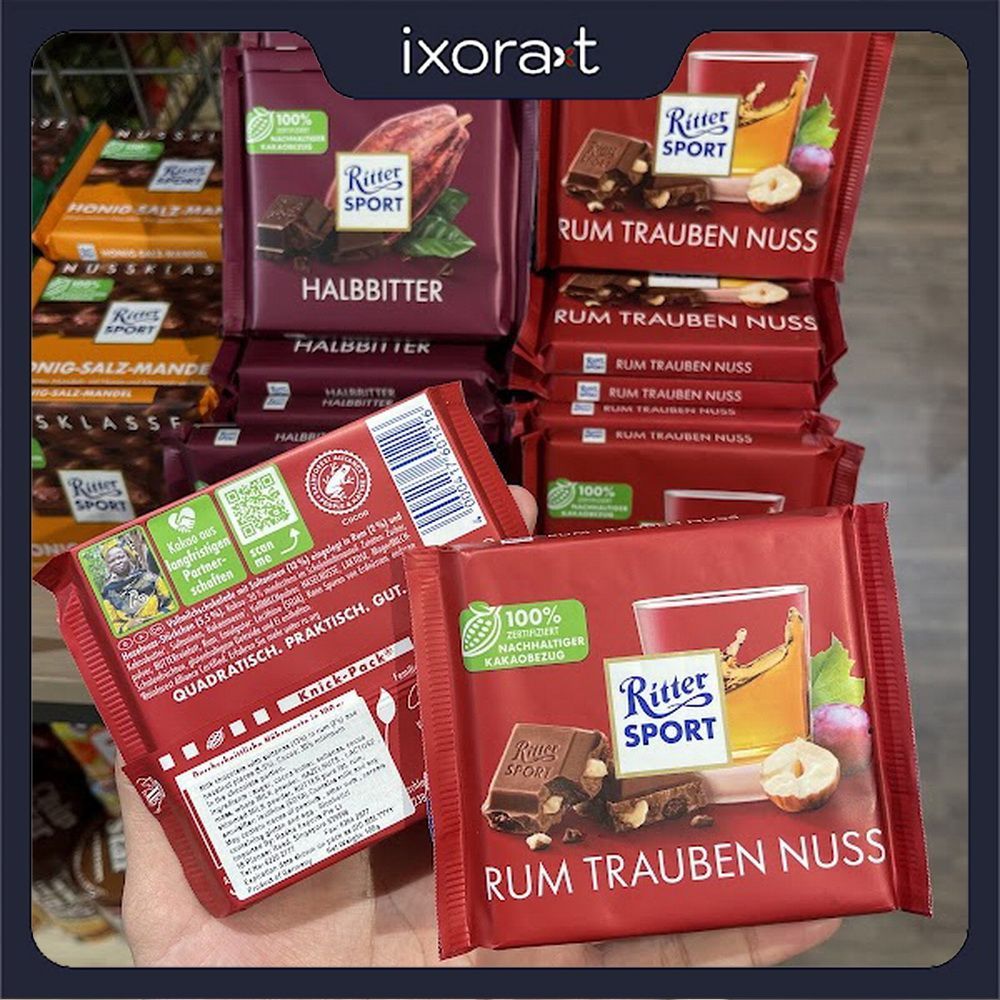 Chocolate Ritter Sport nhân nho khô hạt phỉ 100g