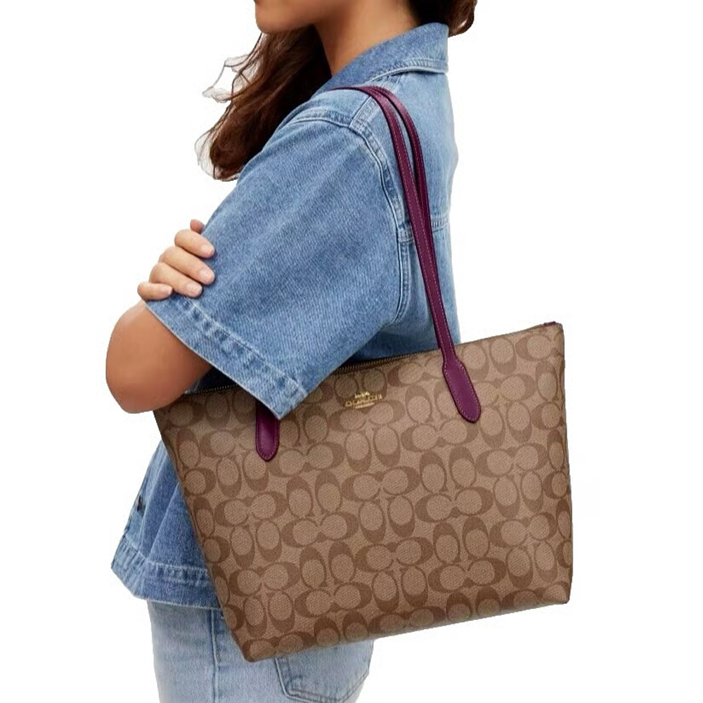 Túi Coach 4455 Zip Top Tote Signature Canvas Khaki Deep Berry 21.jpg