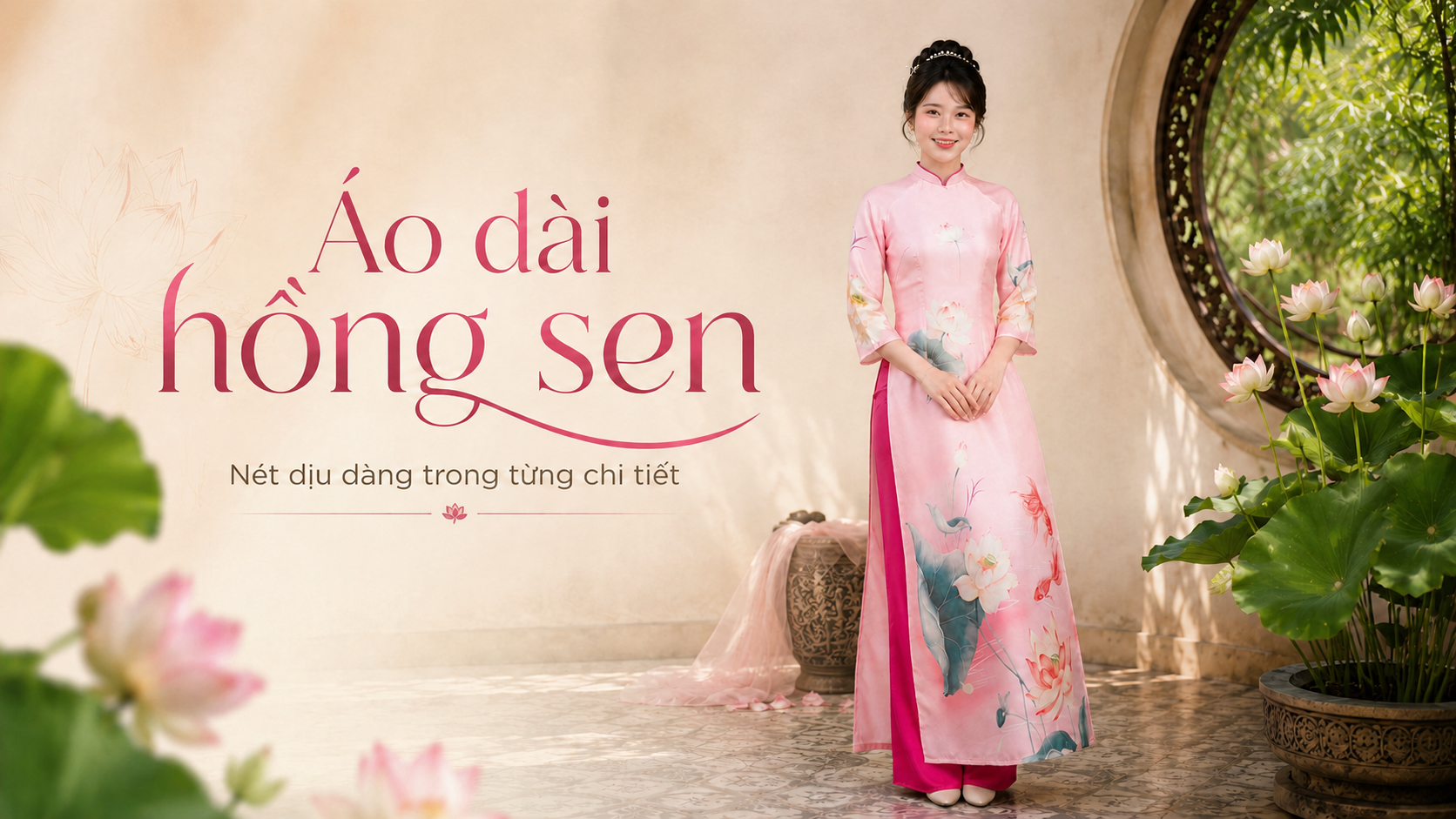 Áo dài hồng hoa sen - nét dịu dàng trong từng chi tiết