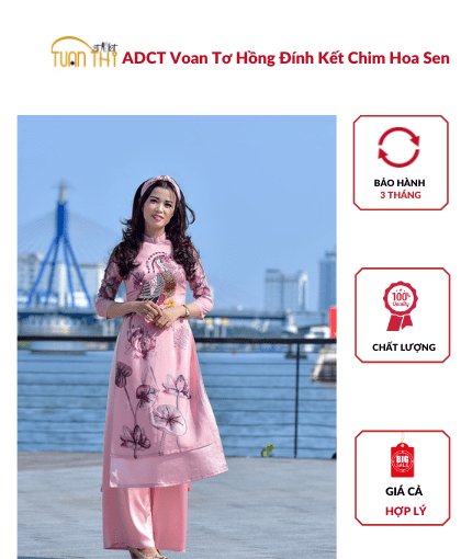 ADCT Voan Tơ Hồng Đính Kết Chim Hoa Sen