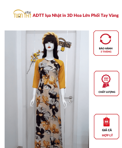 ADTT lụa Nhật in 3D Hoa Lớn Phối Tay Vàng