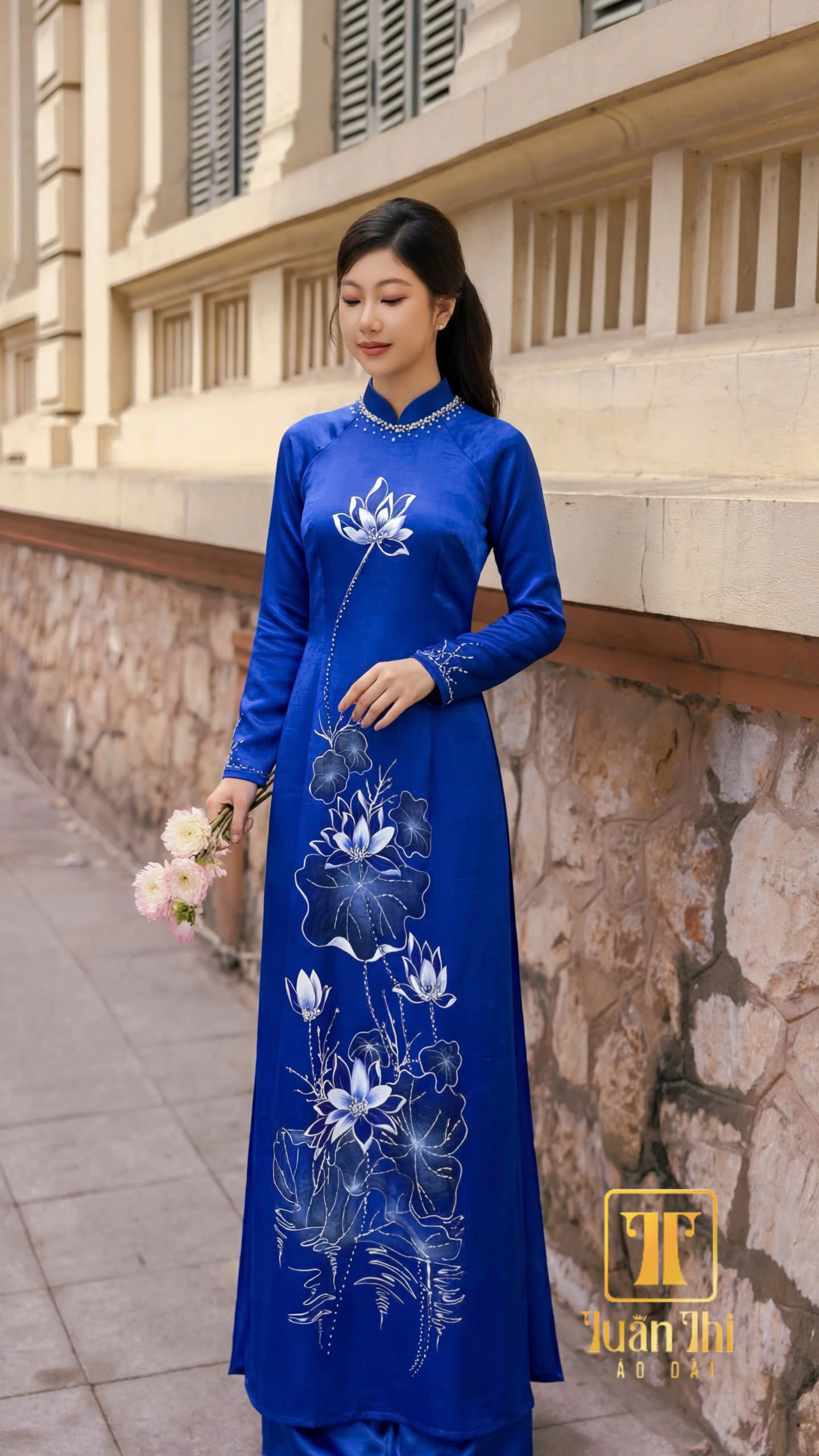 ADBS Nhung xanh cô ban vẽ hoa kết cườm