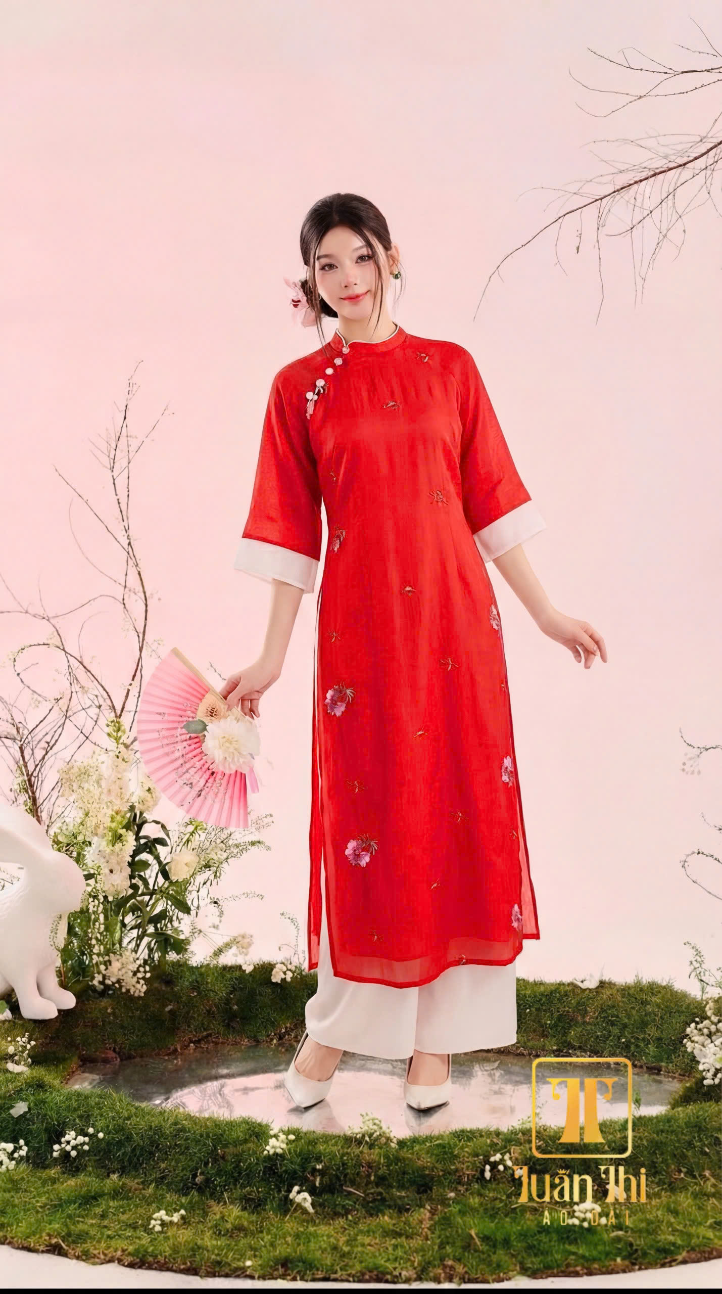 ADCT Tơ đỏ 4 tà thêu hoa