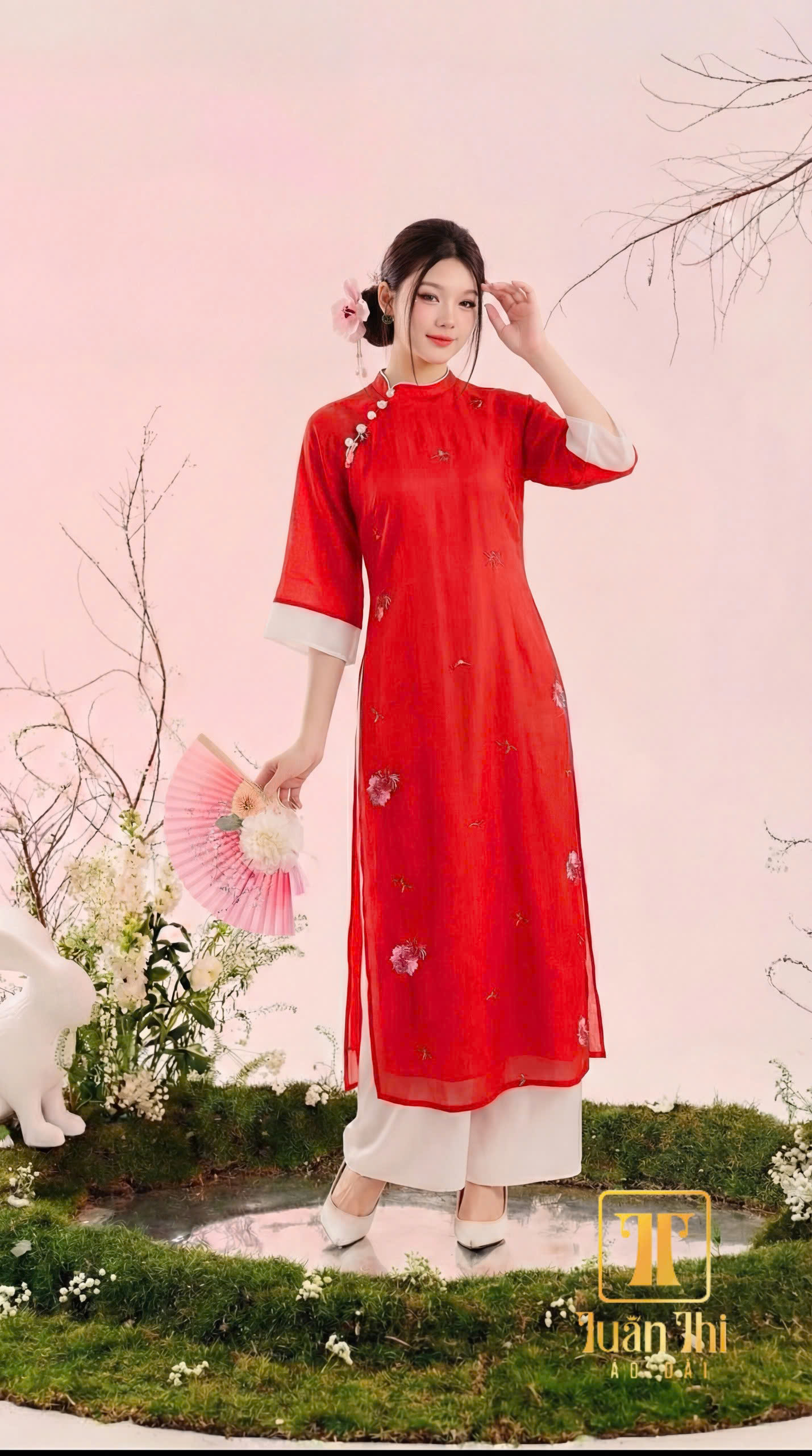 ADCT Tơ đỏ 4 tà thêu hoa