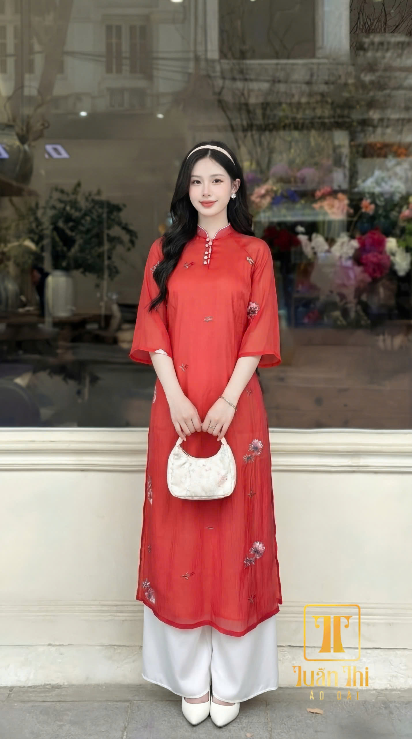 ADCT Tơ đỏ 4 tà thêu hoa xinh