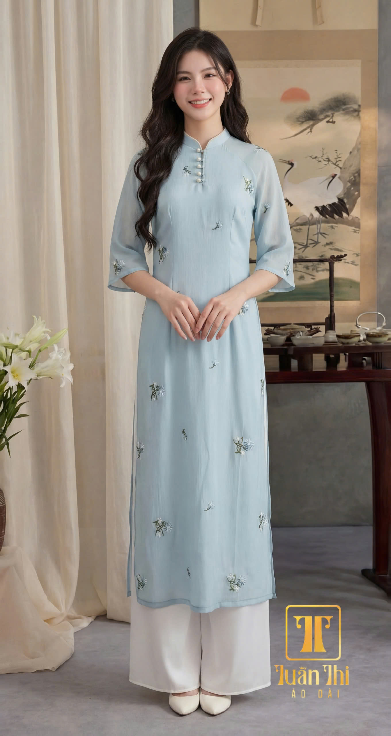ADCT Tơ xanh mint 4 tà thêu hoa