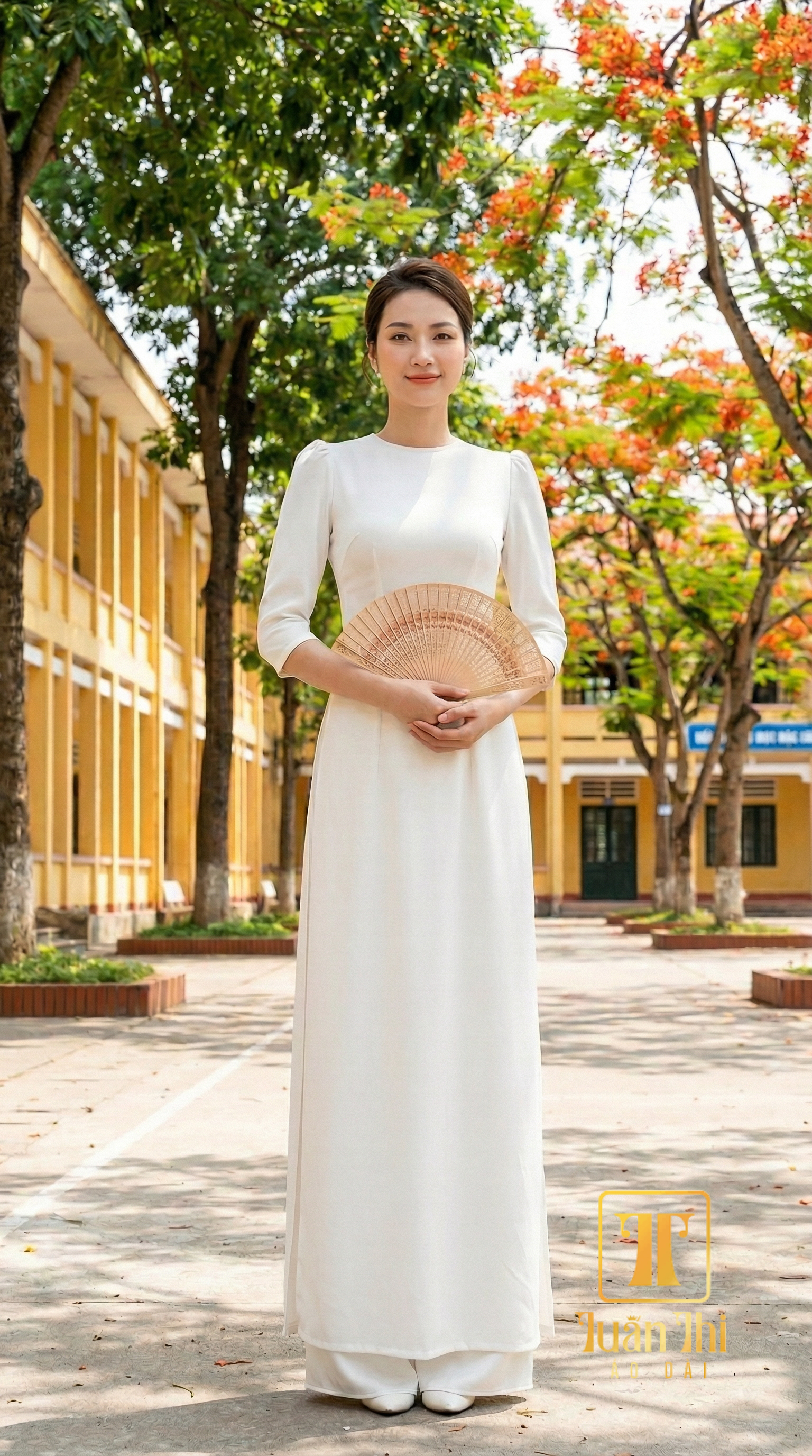 ADHS Lụa cao cấp trắng kem tay phồng cổ kiềng